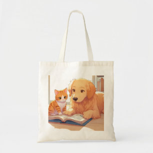Tote Bag Chat et chien lisant un livre