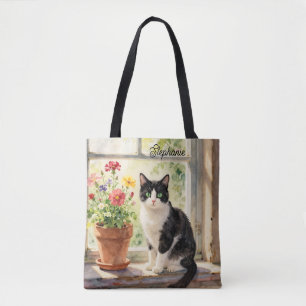 Tote Bag Chat et fleurs à l'aquarelle sur un rebord de fenê