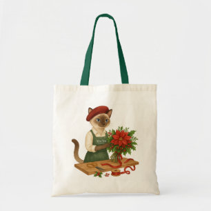 Tote Bag Chat fleuriste thème de Noël arranger des fleurs