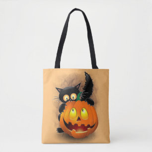 Tote Bag Chat Fun Halloween Caractère mordant un Citrouille