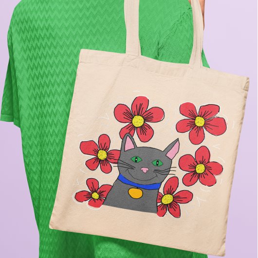 Tote Bag Chat gris avec des fleurs personnalisent avec sa p