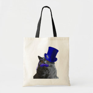 Tote Bag Chat gris avec le casquette supérieur bleu et la