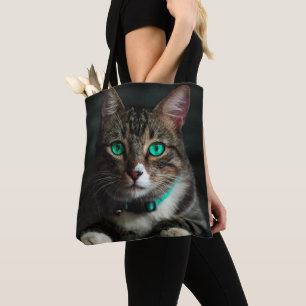 Tote Bag Chat gris et blanc aux yeux bleus et collant