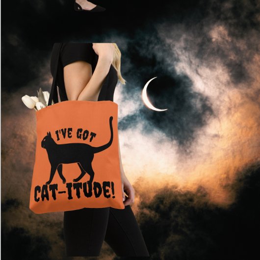 Tote Bag Chat-itude Orange Noir Halloween Crazy Chat Dame