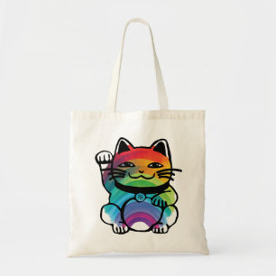 Tote Bag Chat japonais de bonne chance avec arc-en-ciel