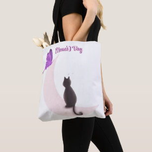 Tote Bag Chat Mignon Kawaii sur la Lune avec Papillon Perso