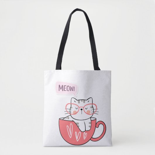 Tote Bag chat miow dans une tasse (Devant)