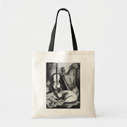Tote Bag CHAT MUSICAL, OWL, VIOLIN, HARP Black White Grey M (Devant)