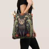Tote Bag Chat noir Art nouveau et fleurs rouges (De près)