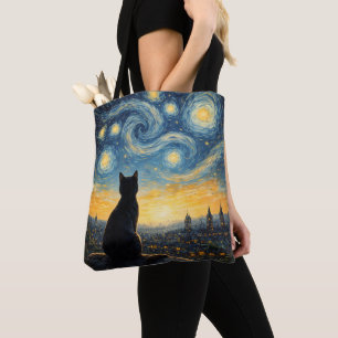 Tote Bag Chat noir artistique et ville céleste Réutilisable