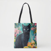 Tote Bag Chat noir avec des fruits (Devant)