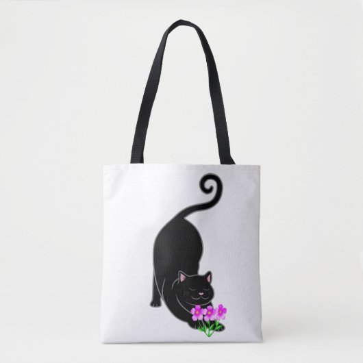 Tote Bag Chat noir chaton et fleurs roses (Devant)