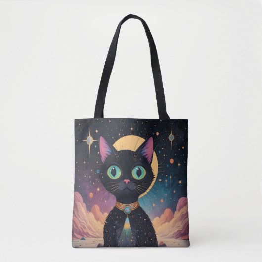 Tote Bag Chat noir cosmique futuriste atomique en clair de  (Devant)