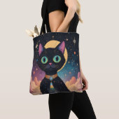 Tote Bag Chat noir cosmique futuriste atomique en clair de  (De près)