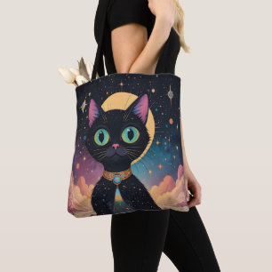 Tote Bag Chat noir cosmique futuriste atomique en clair de 
