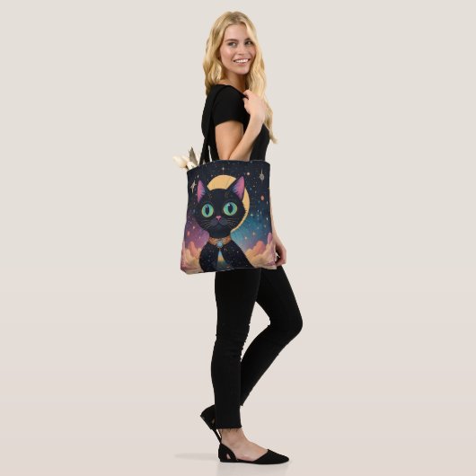 Tote Bag Chat noir cosmique futuriste atomique en clair de  (Sur le modèle)