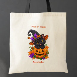 Tote Bag Chat noir dans un citrouille personnalisé