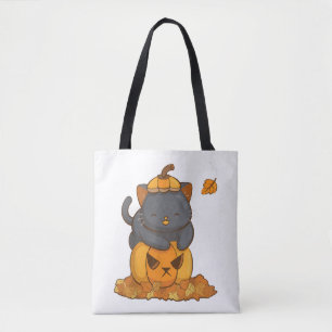 Tote Bag Chat noir d'Halloween sur Citrouille avec automne