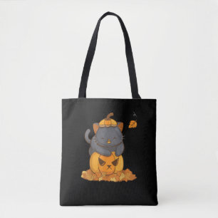 Tote Bag Chat noir d'Halloween sur Citrouille avec feuilles