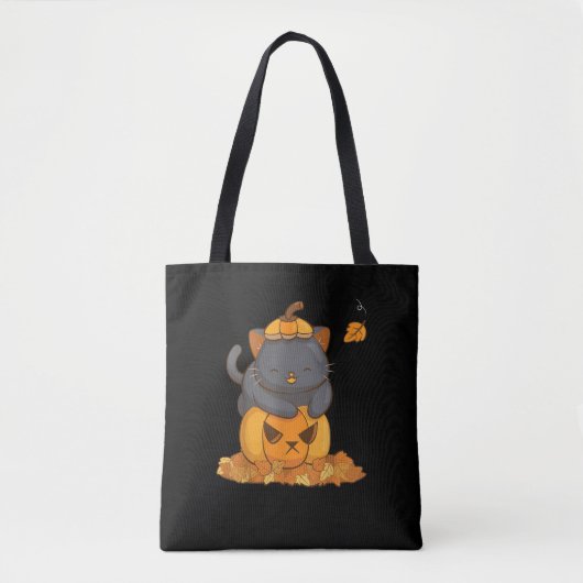 Tote Bag Chat noir d'Halloween sur Citrouille avec feuilles (Devant)