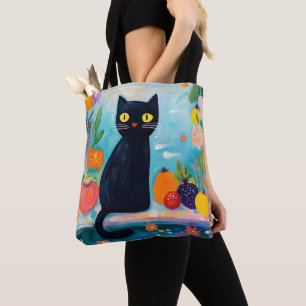 Tote Bag Chat noir drôle avec des fruits frais colorés