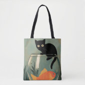 Tote Bag Chat noir drôle avec poisson (Devant)