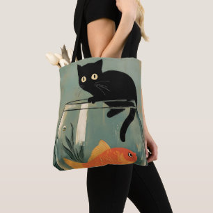 Tote Bag Chat noir drôle avec poisson