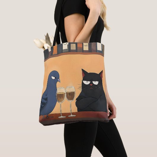 Tote Bag Chat noir drôle et oiseau (De près)