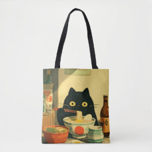Tote Bag Chat noir drôle mangeant du Ramen