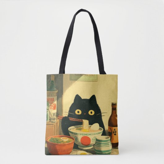 Tote Bag Chat noir drôle mangeant du Ramen (Devant)