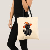 Tote Bag Chat noir éffrayant portant la sorcière casquette  (Devant (produit))
