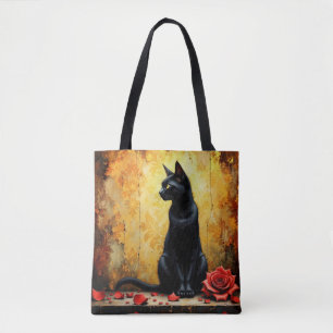 Tote Bag Chat noir élégant et rose rouge