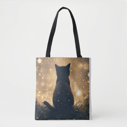 Tote Bag Chat noir enchanté avec des lucioles (Devant)