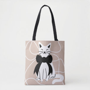 Tote Bag Chat noir et blanc avec ligne abstraite