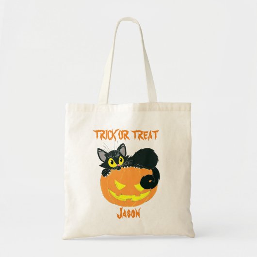 Tote Bag Chat noir et Citrouille personnalisé (Devant)