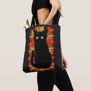 Tote Bag Chat noir, Feuilles d'automne motif, Halloween amu