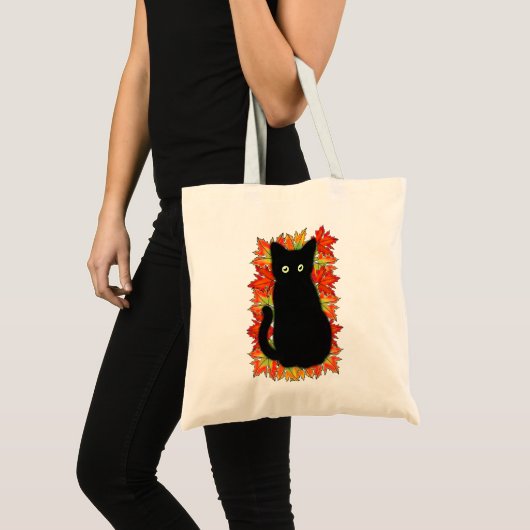 Tote Bag Chat noir, Feuilles d'automne motif, Halloween amu (Devant (produit))