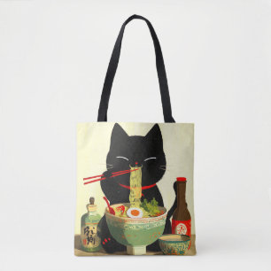 Tote Bag Chat noir heureux mangeant du Ramen Ukiyo-e japo