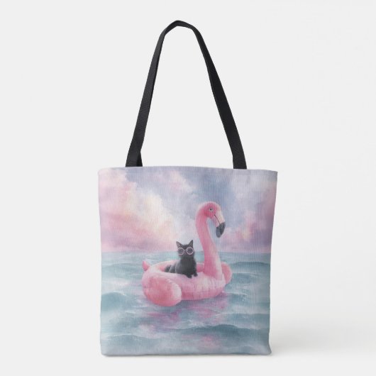 Tote Bag Chat noir lunaire en Flamant rose Float Fourre-tou (Dos)