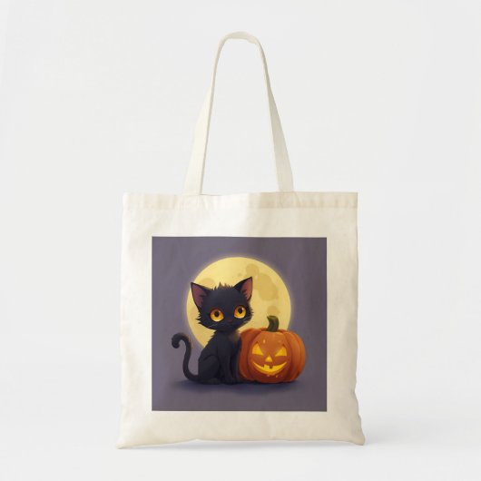 Tote Bag Chat noir mignon avec Citrouille sculpté brillant (Devant)