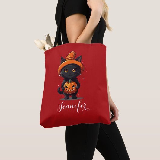 Tote Bag Chat noir personnalisé avec Halloween Citrouille (De près)
