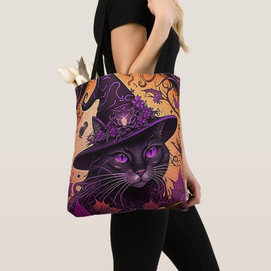 Tote Bag Chat noir pourpre yeux sorcières Casquette Hallowe (De près)
