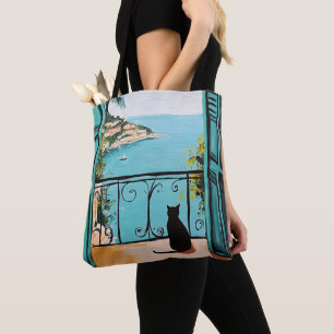 Tote Bag Chat noir profitant de la belle mer