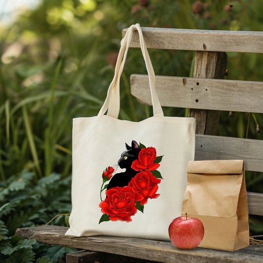 Tote Bag Chat noir Roses rouges pourpres