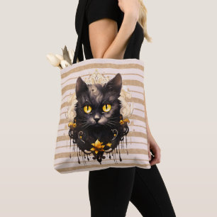 Tote Bag Chat noir royal rayé or Halloween
