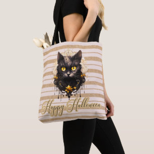 Tote Bag Chat noir royal rayé or Joyeux Halloween
