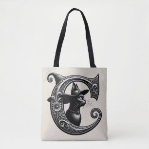 Tote Bag Chat Noir Sorcière Lettre C Initiale Personnalisée