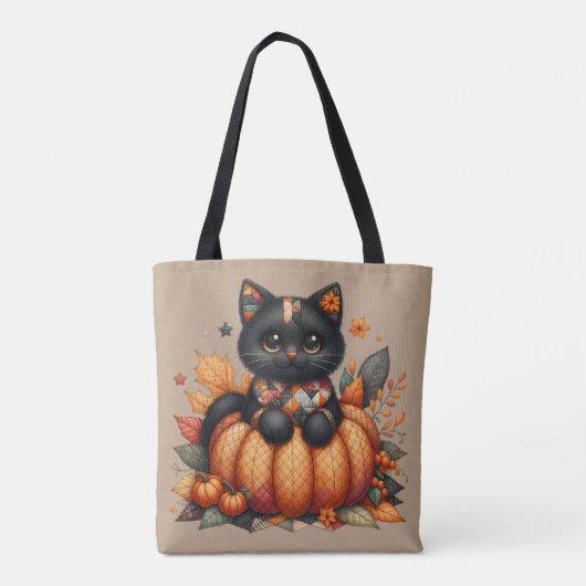 Tote Bag Chat noir sur Citrouille avec Motif de courtepoint (Dos)