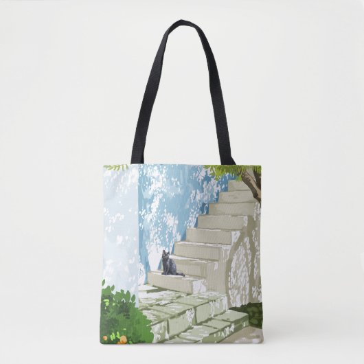 Tote Bag Chat noir sur les marches Poster, Grèce Santorin (Devant)