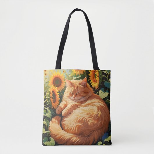 Tote Bag Chat orange gras doré avec tournesol (Devant)